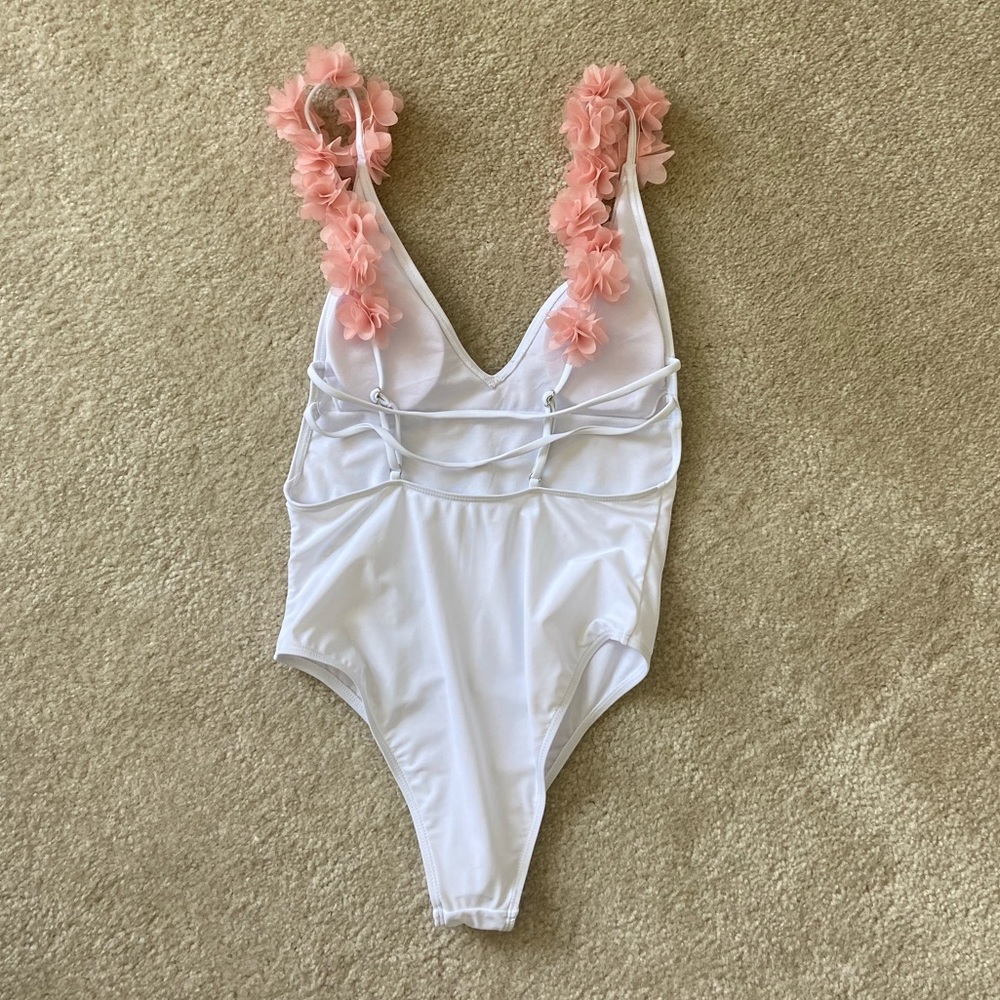 SHEIN White Bridal One Piece Swimsuit with Pink Flowers - Picture 4 of 5